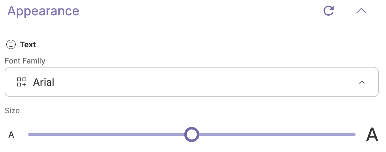 Panel showing the font family drop-down menu and a size slider