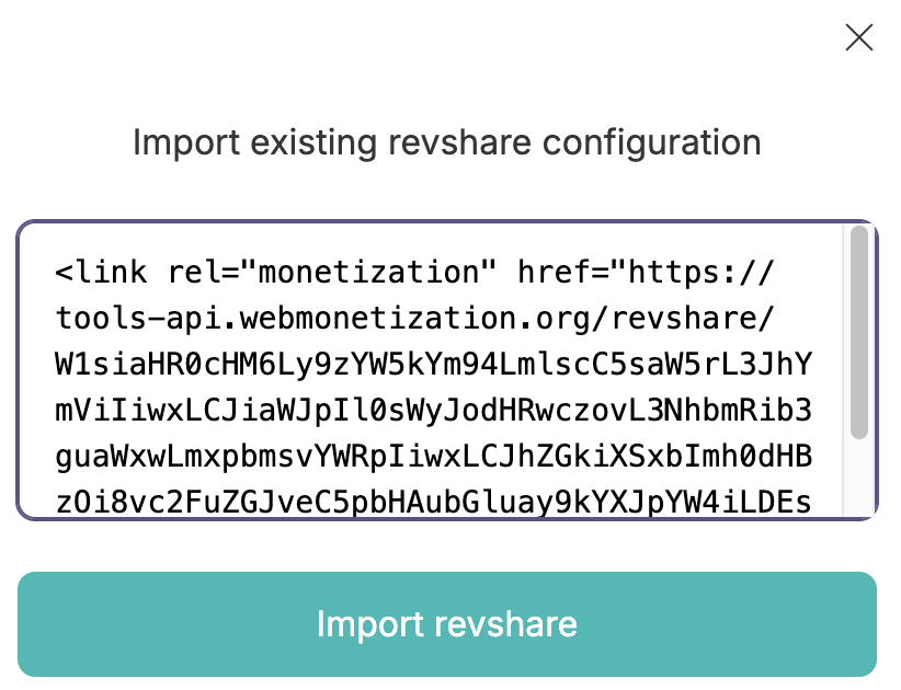 Import existing revshare config screen with a test link tag entered and the import revshare button active